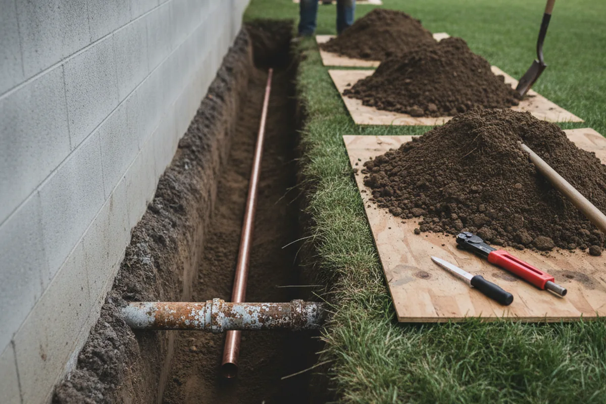 Excavated water line trench during Water Heater Repair in Columbus